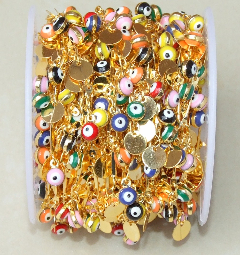 Multi-color Glass Evil Eye Drop Chain, Rosary Chain, Bulk Chain, Beaded Chain, Body Chain Jewelry, Gold Chain, Necklace Chain, Belly Chain - EDGBeadsandGems