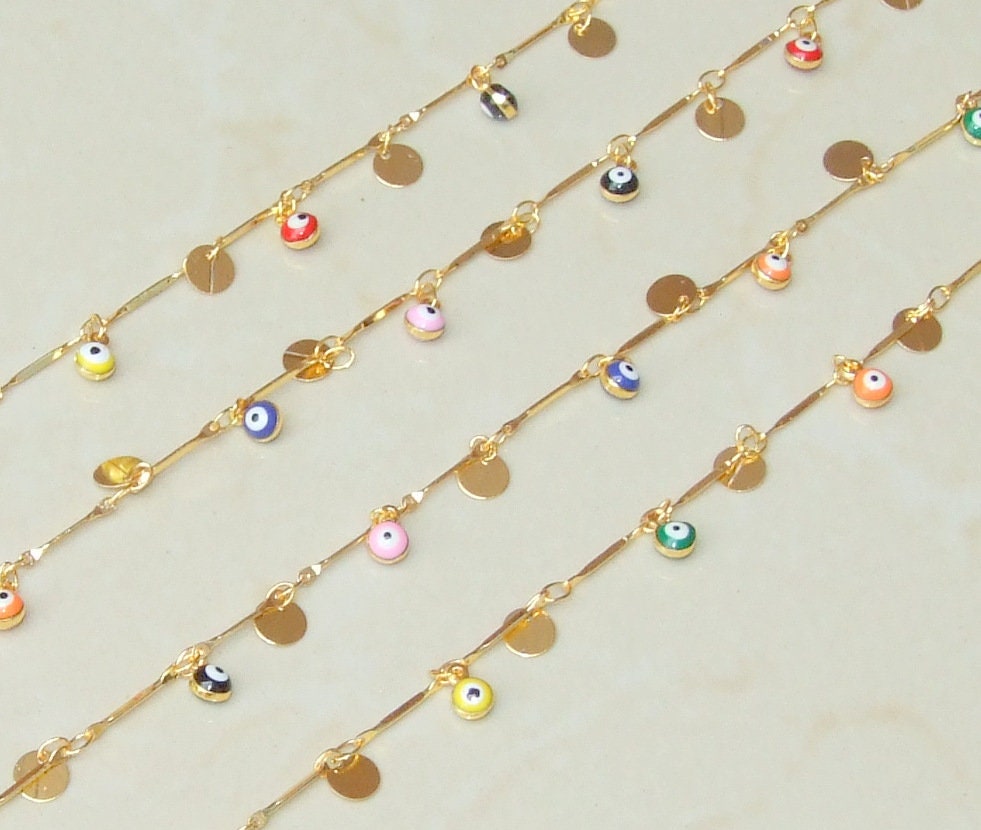 Multi-color Glass Evil Eye Drop Chain, Rosary Chain, Bulk Chain, Beaded Chain, Body Chain Jewelry, Gold Chain, Necklace Chain, Belly Chain - EDGBeadsandGems