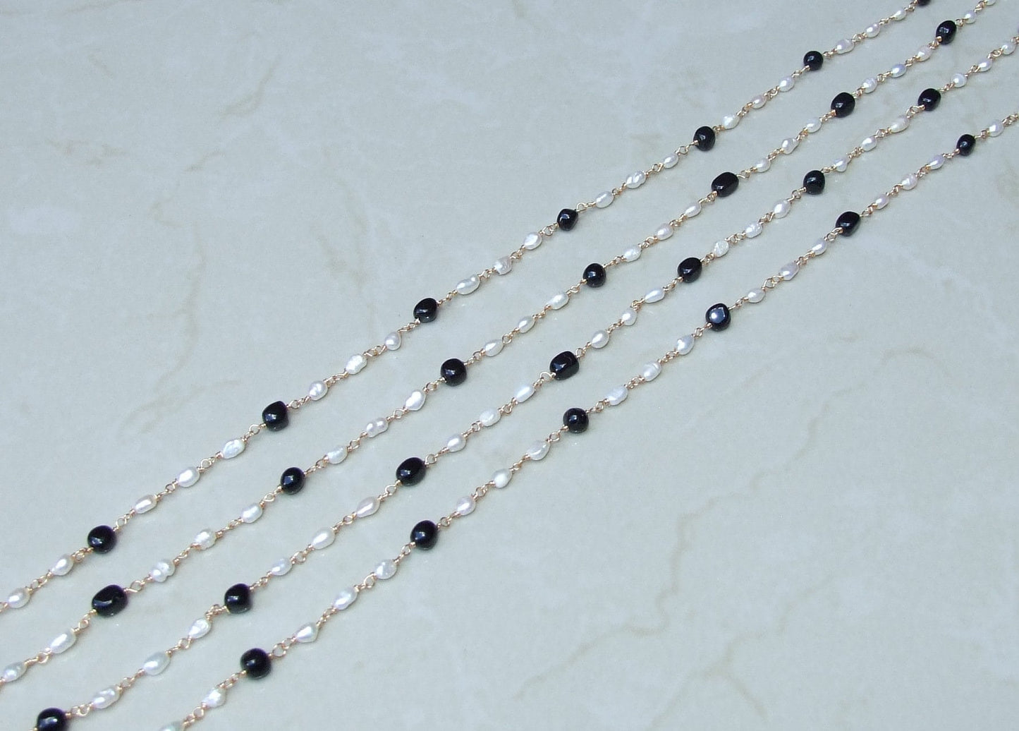 Jet Black Onyx and Freshwater Pearl Rosary Chain, Bulk Chain, Beaded Chain, Body Chain Jewelry, Gold Chain, Necklace Chain, Belly Chain