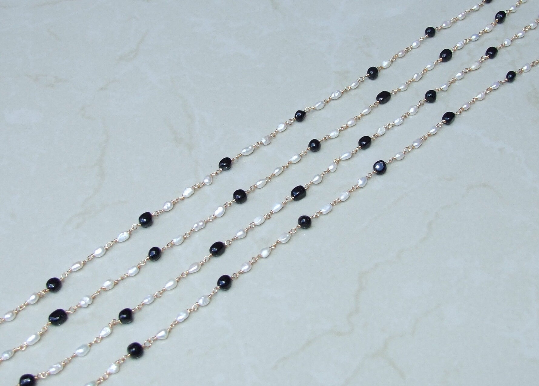 Jet Black Onyx and Freshwater Pearl Rosary Chain, Bulk Chain, Beaded Chain, Body Chain Jewelry, Gold Chain, Necklace Chain, Belly Chain