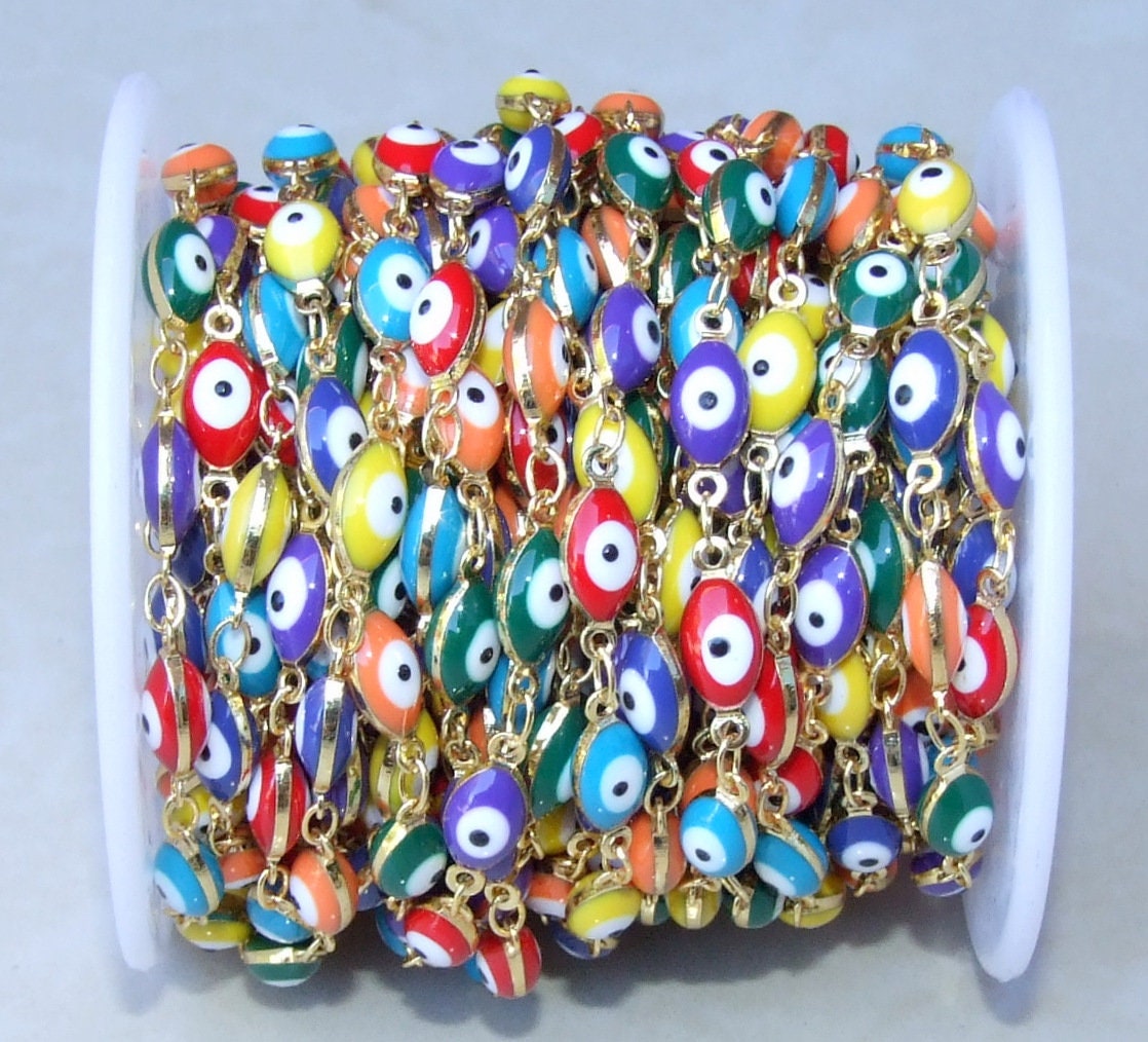 Multi-color Glass Horse Eye Shaped Evil Eye Rosary Chain, Bulk Chain, Beaded Chain, Body Chain, Gold Chain, Necklace Chain, Belly Chain - EDGBeadsandGems