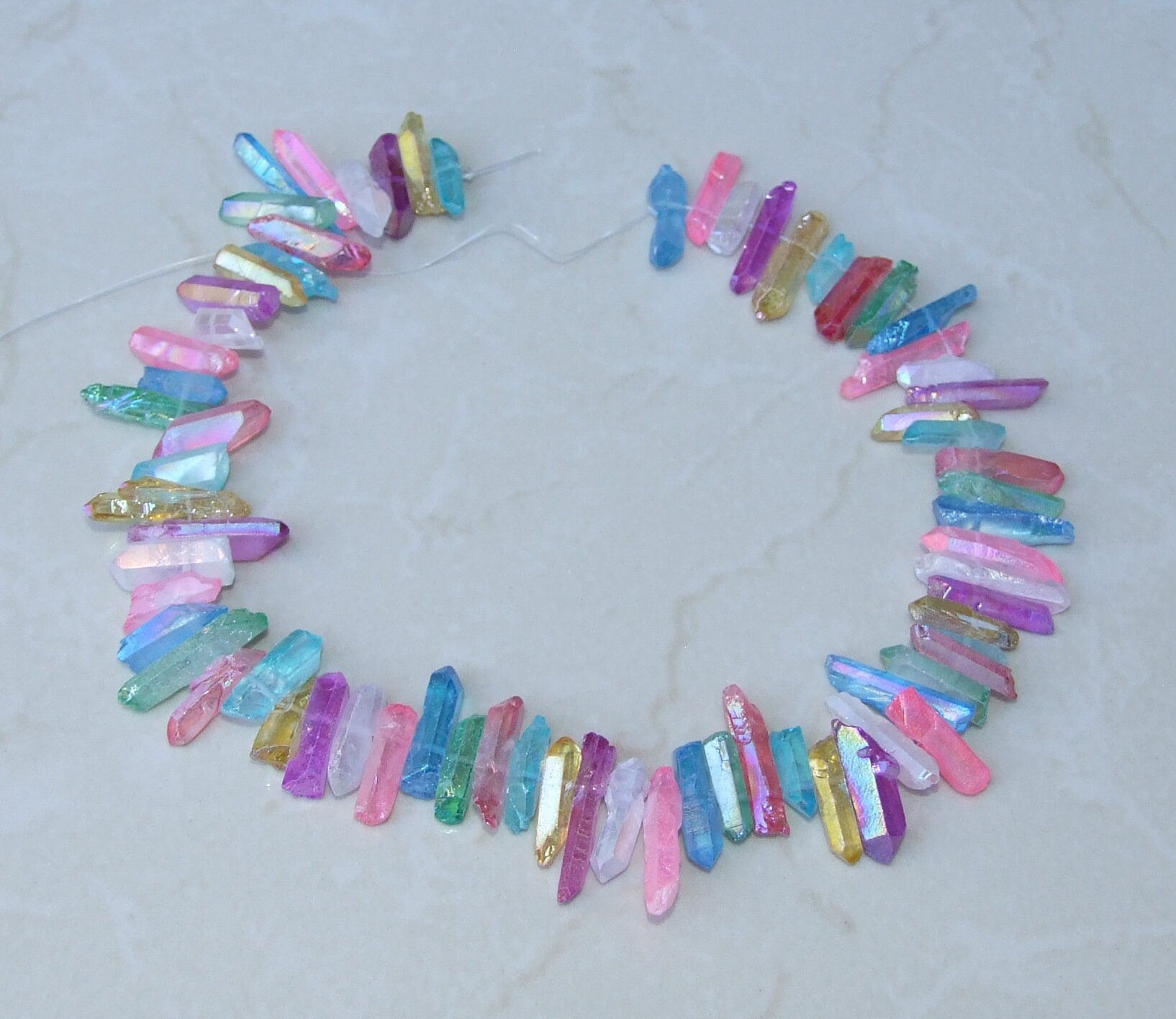 Multi-Colored Titanium Quartz Cluster Point, Titanium Quartz Points Strand, Raw Quartz Points Drilled, Quartz Crystals Points Strand of Bead - EDGBeadsandGems