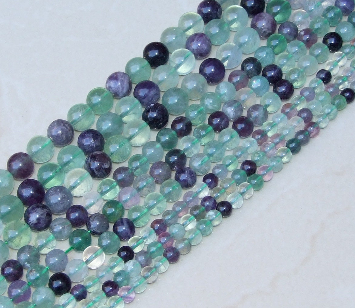 Fluorite Polished Round Smooth Beads, Green and Purple Natural Fluorite, Gemstone Beads, Grade AAA, 6mm, 8mm, 10mm, 15 inch Strand - EDGBeadsandGems