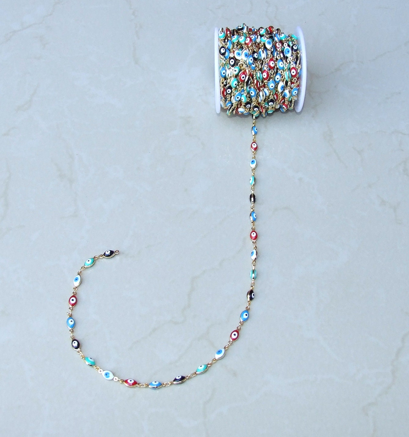 Multi-color Glass Horse Eye Shaped Evil Eye Rosary Chain, Bulk Chain, Beaded Chain, Body Chain, Gold Chain, Necklace Chain, Belly Chain - EDGBeadsandGems