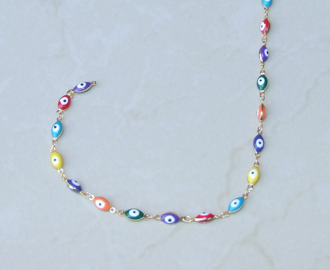 Multi-color Glass Horse Eye Shaped Evil Eye Rosary Chain, Bulk Chain, Beaded Chain, Body Chain, Gold Chain, Necklace Chain, Belly Chain - EDGBeadsandGems