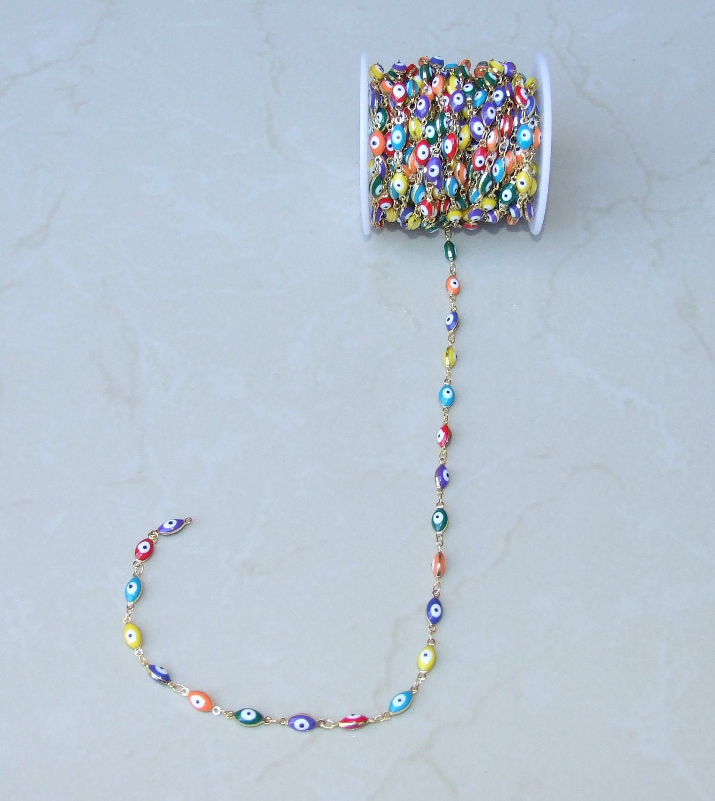 Multi-color Glass Horse Eye Shaped Evil Eye Rosary Chain, Bulk Chain, Beaded Chain, Body Chain, Gold Chain, Necklace Chain, Belly Chain - EDGBeadsandGems