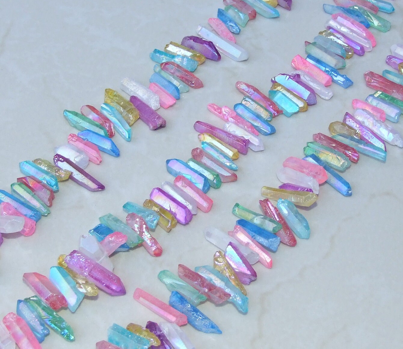 Multi-Colored Titanium Quartz Cluster Point, Titanium Quartz Points Strand, Raw Quartz Points Drilled, Quartz Crystals Points Strand of Bead - EDGBeadsandGems