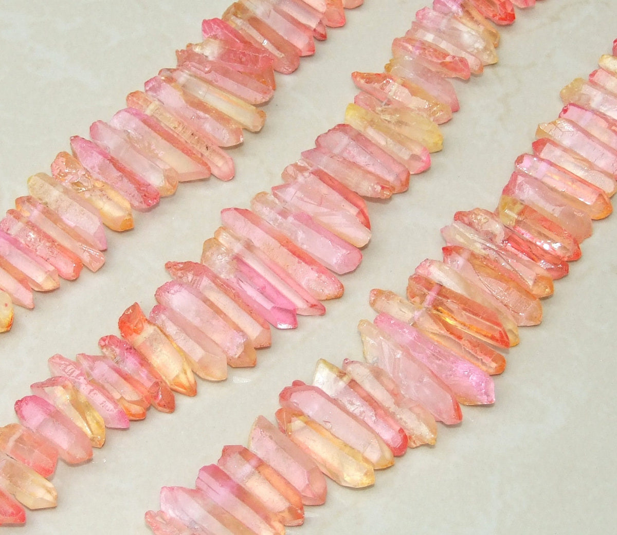 Pink & Yellow Titanium Quartz Point, Quartz Points Strand, Raw Quartz Points Drilled, Crystal Points, Gemstone Beads, 20-40mm - EDGBeadsandGems