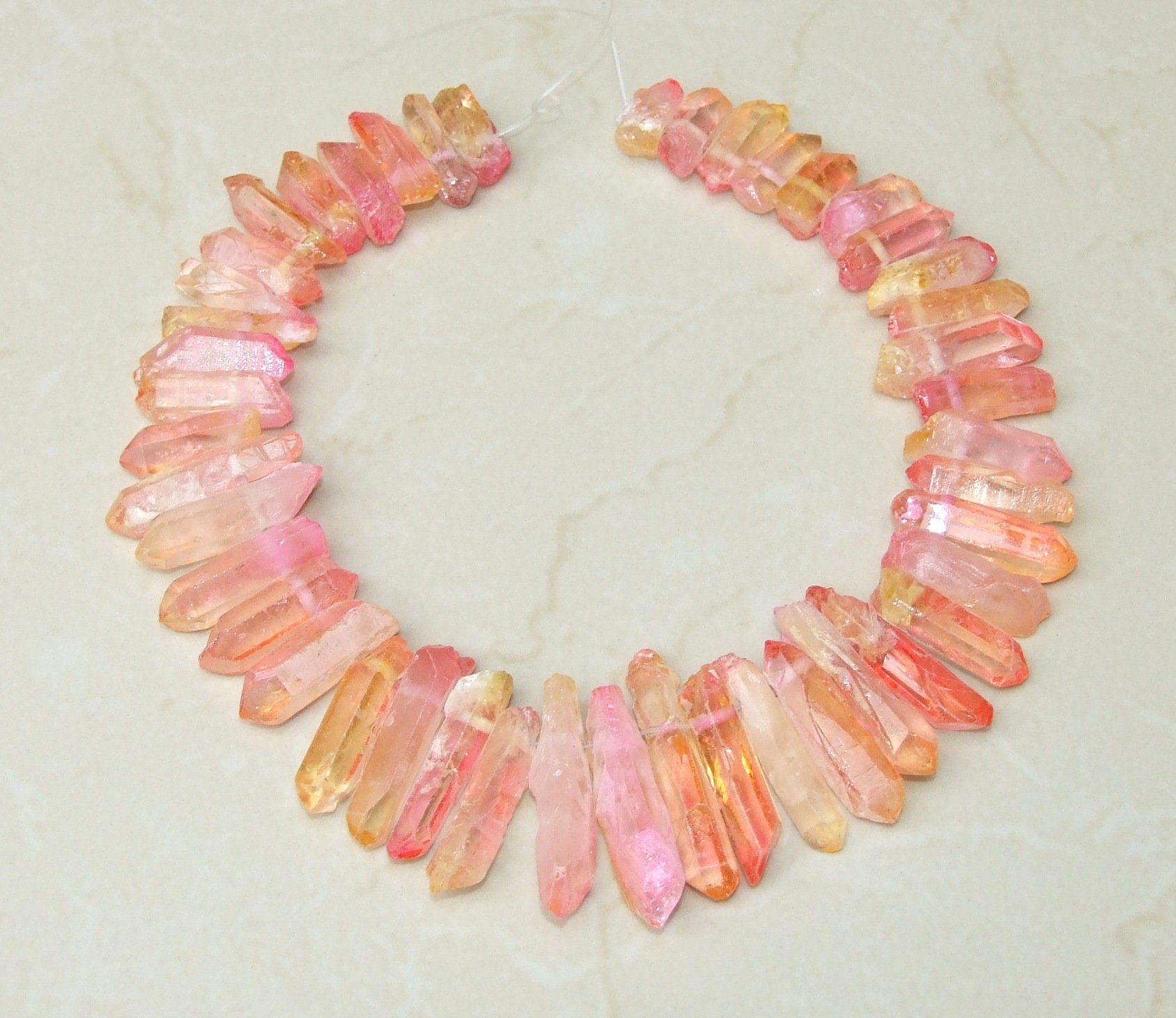 Pink & Yellow Titanium Quartz Point, Quartz Points Strand, Raw Quartz Points Drilled, Crystal Points, Gemstone Beads, 20-40mm - EDGBeadsandGems