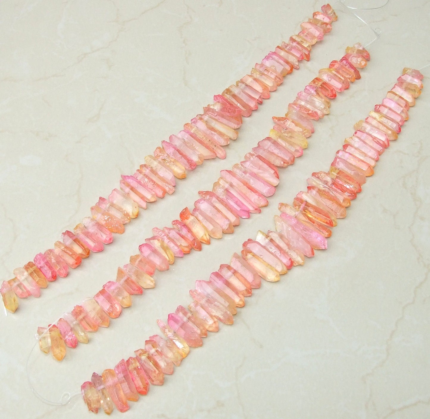 Pink & Yellow Titanium Quartz Point, Quartz Points Strand, Raw Quartz Points Drilled, Crystal Points, Gemstone Beads, 20-40mm - EDGBeadsandGems