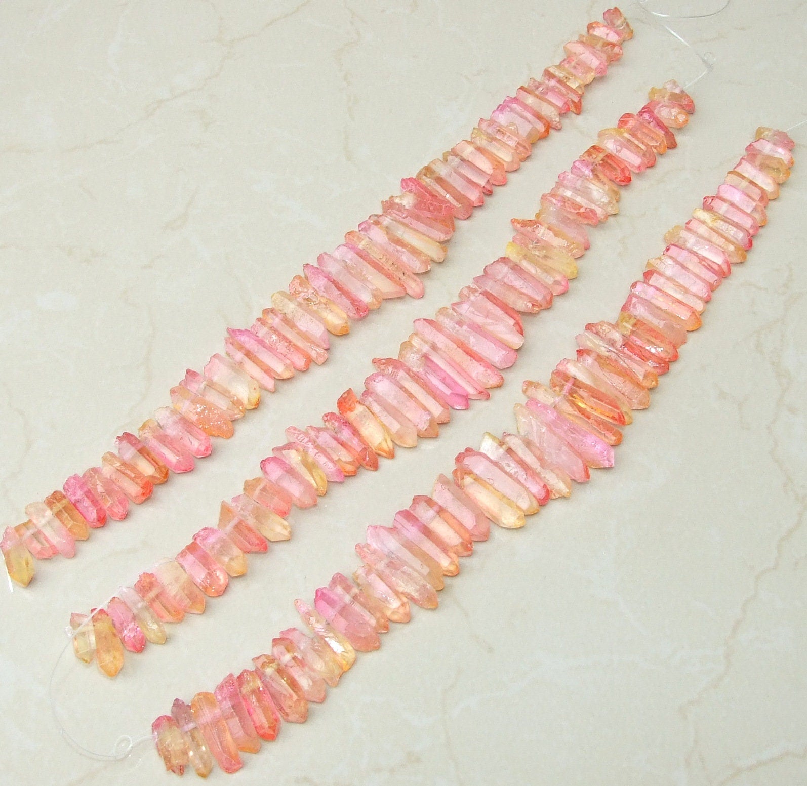 Pink & Yellow Titanium Quartz Point, Quartz Points Strand, Raw Quartz Points Drilled, Crystal Points, Gemstone Beads, 20-40mm - EDGBeadsandGems