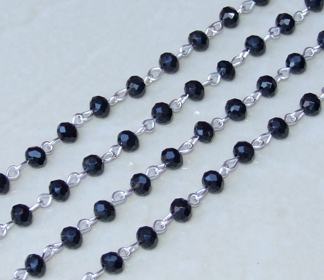 Jet Black Glass Rosary Chain, 1 Meter, Silver Chain, Bulk Chain, Faceted, Beaded Chain, Body Chain Jewelry, Necklace Chain, Belly Chain, 103 - EDGBeadsandGems