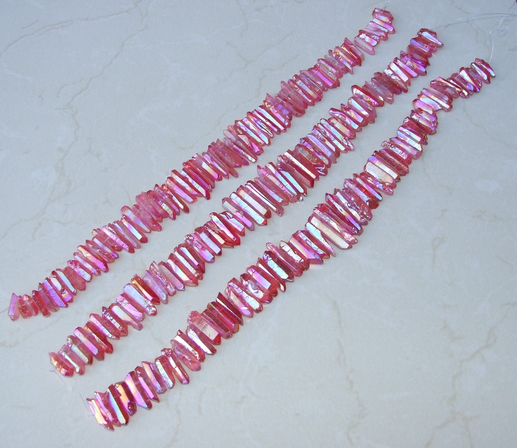 Bright Red Titanium AB Quartz Points, Titanium Quartz Points Strand, Raw Quartz Points Drilled, Quartz Crystals Points Strand Beads, 20-38mm - EDGBeadsandGems