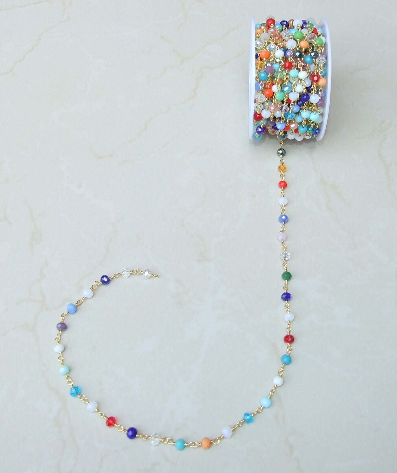 Multicolored Glass Rosary Chain, Bulk Chain, Rondelle Glass Beads, Beaded Chain, Body Chain Jewelry, Gold Chain, Necklace Chain, Belly Chain - EDGBeadsandGems