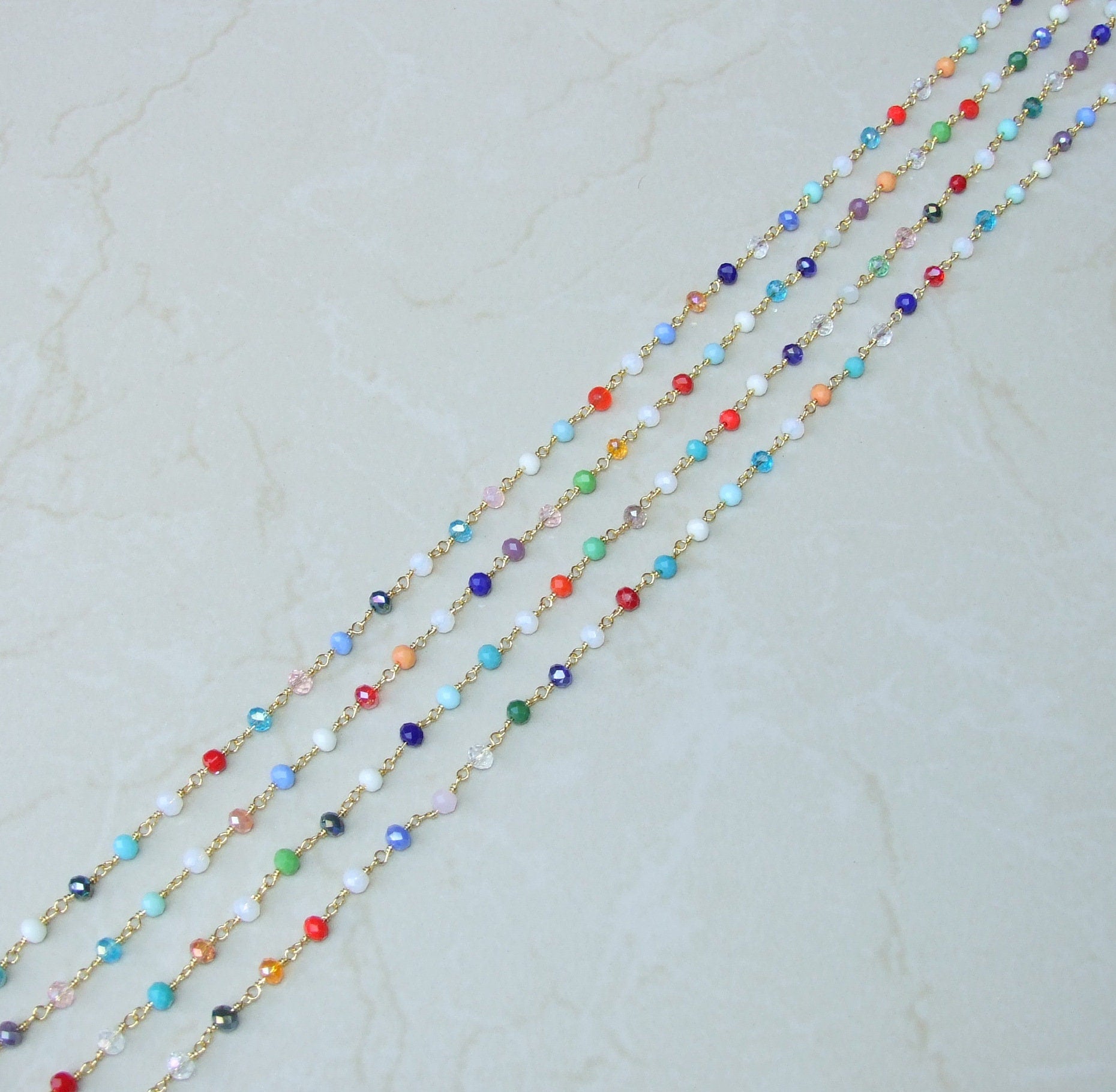 Multicolored Glass Rosary Chain, Bulk Chain, Rondelle Glass Beads, Beaded Chain, Body Chain Jewelry, Gold Chain, Necklace Chain, Belly Chain - EDGBeadsandGems