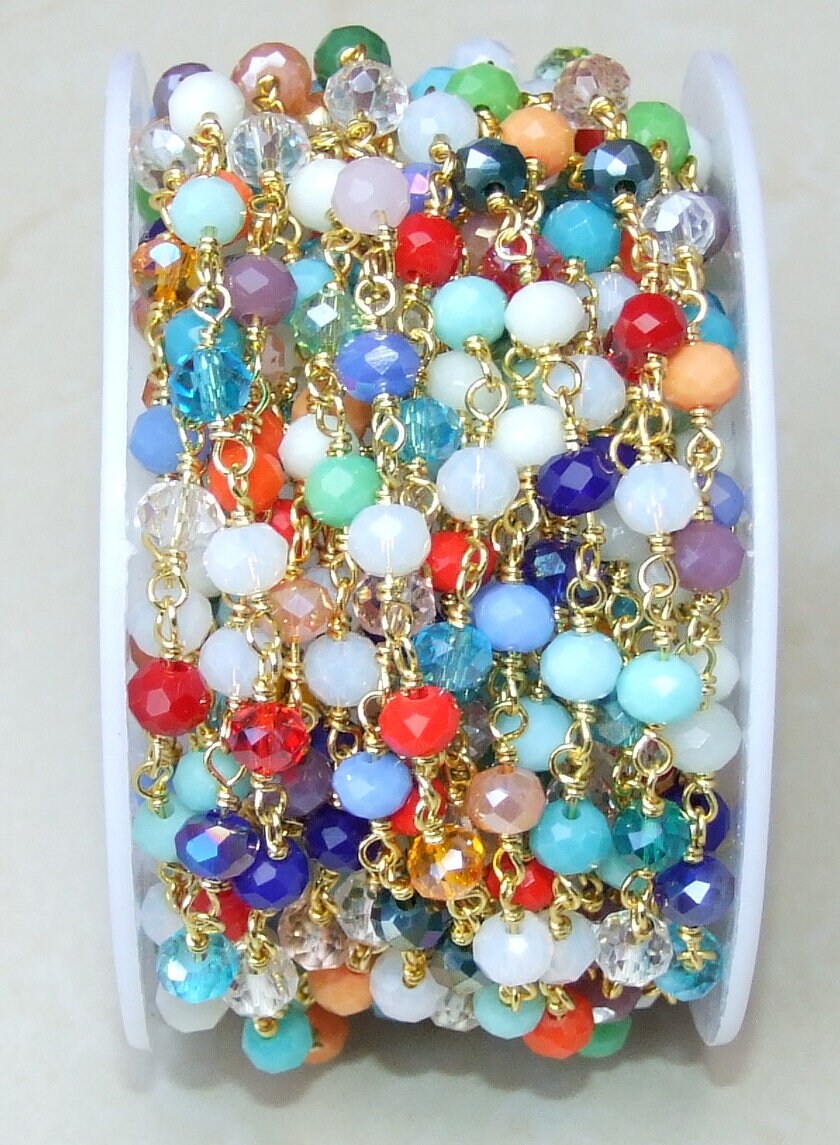Multicolored Glass Rosary Chain, Bulk Chain, Rondelle Glass Beads, Beaded Chain, Body Chain Jewelry, Gold Chain, Necklace Chain, Belly Chain - EDGBeadsandGems
