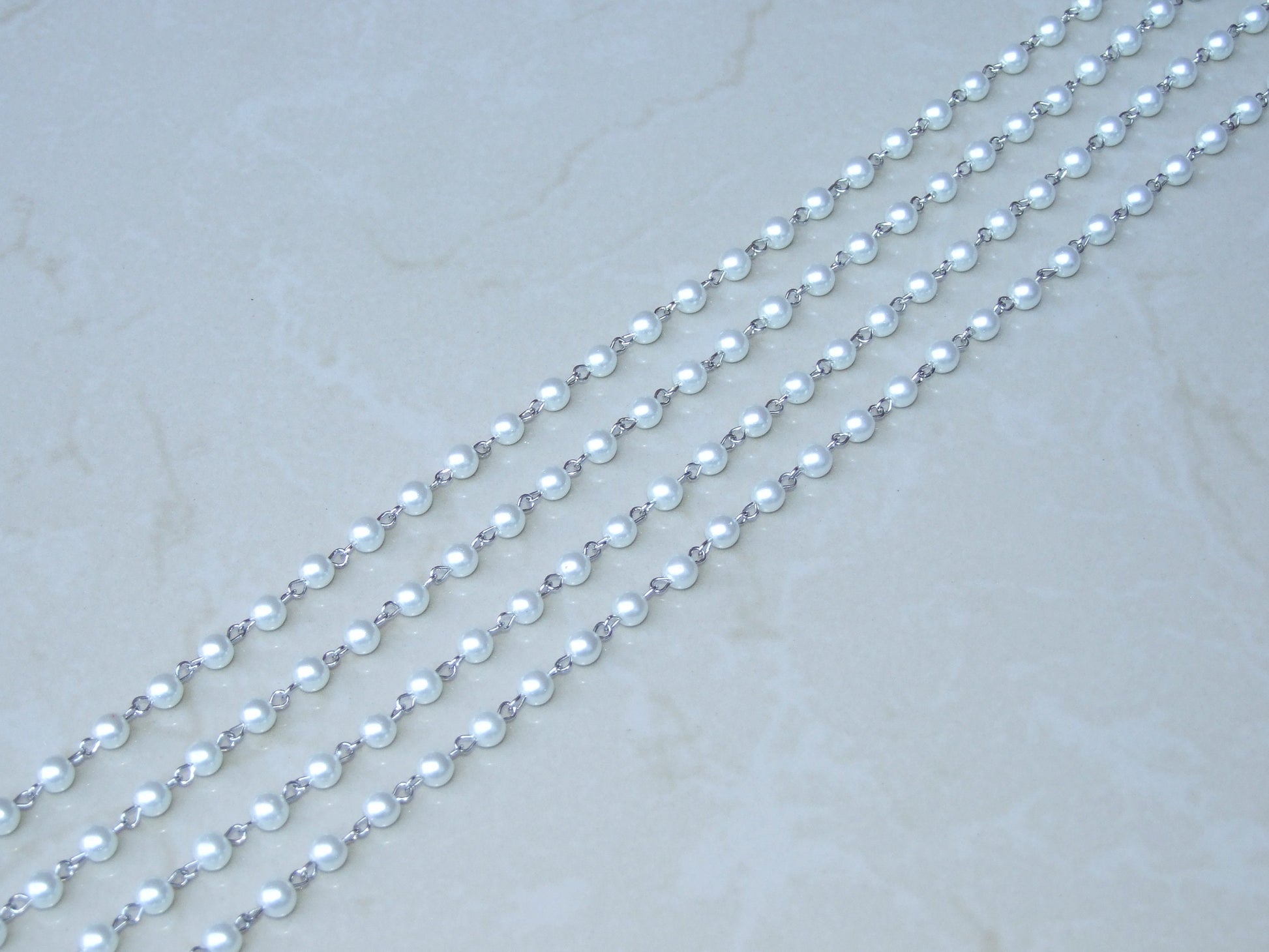 White Pearl Rosary Chain, Bulk Chain, 1 Meter, Glass Beads, Beaded Chain, Body Chain Jewelry, Silver Chain, Necklace Chain, Belly Chain, 8mm - EDGBeadsandGems