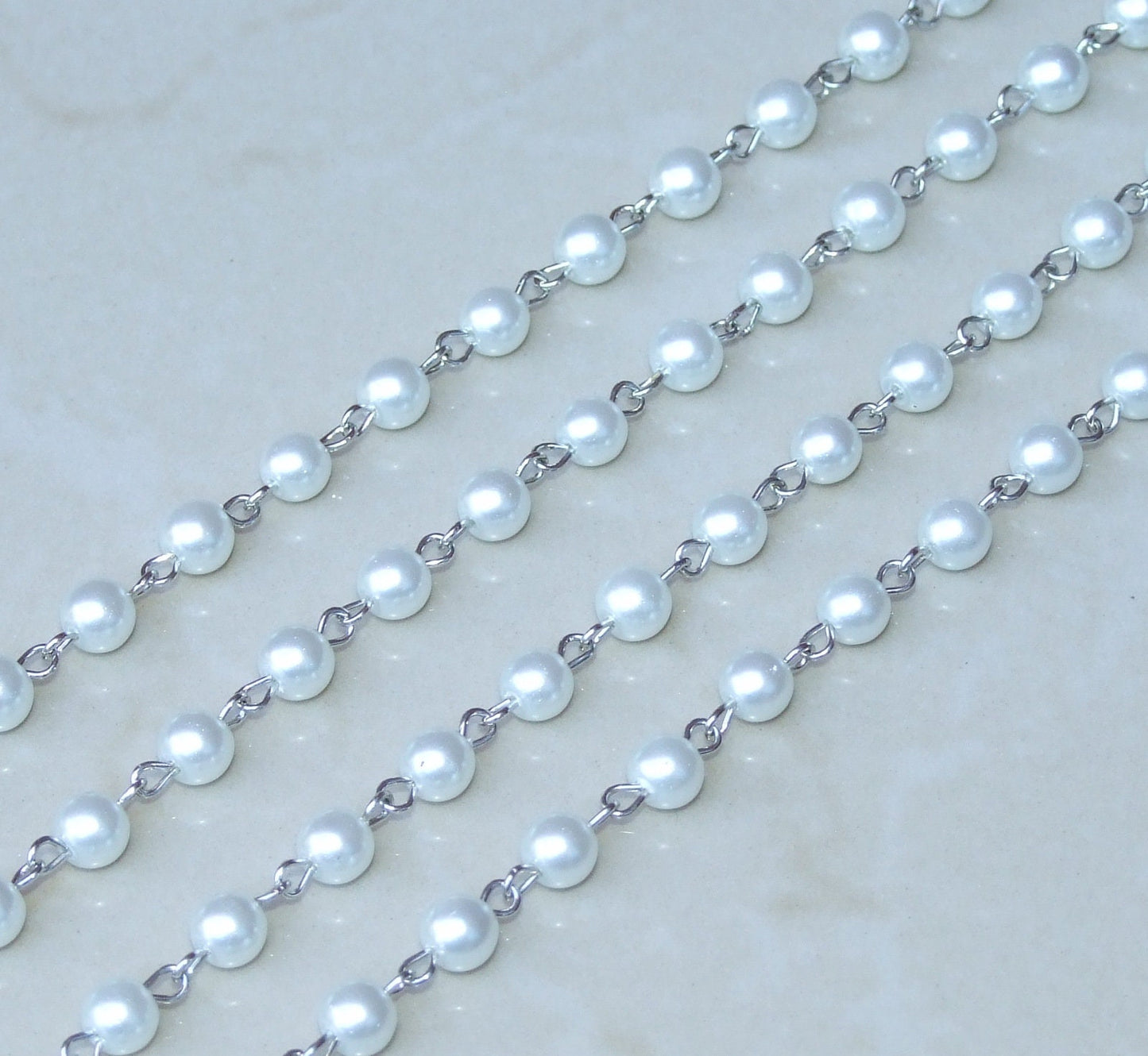 White Pearl Rosary Chain, Bulk Chain, 1 Meter, Glass Beads, Beaded Chain, Body Chain Jewelry, Silver Chain, Necklace Chain, Belly Chain, 8mm - EDGBeadsandGems