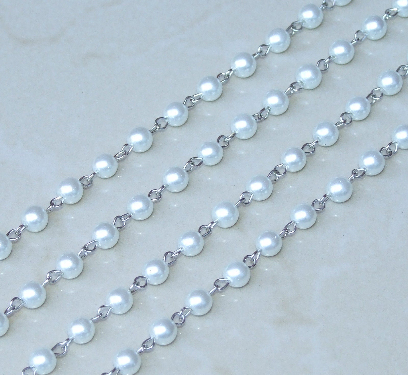 White Pearl Rosary Chain, Bulk Chain, 1 Meter, Glass Beads, Beaded Chain, Body Chain Jewelry, Silver Chain, Necklace Chain, Belly Chain, 8mm - EDGBeadsandGems
