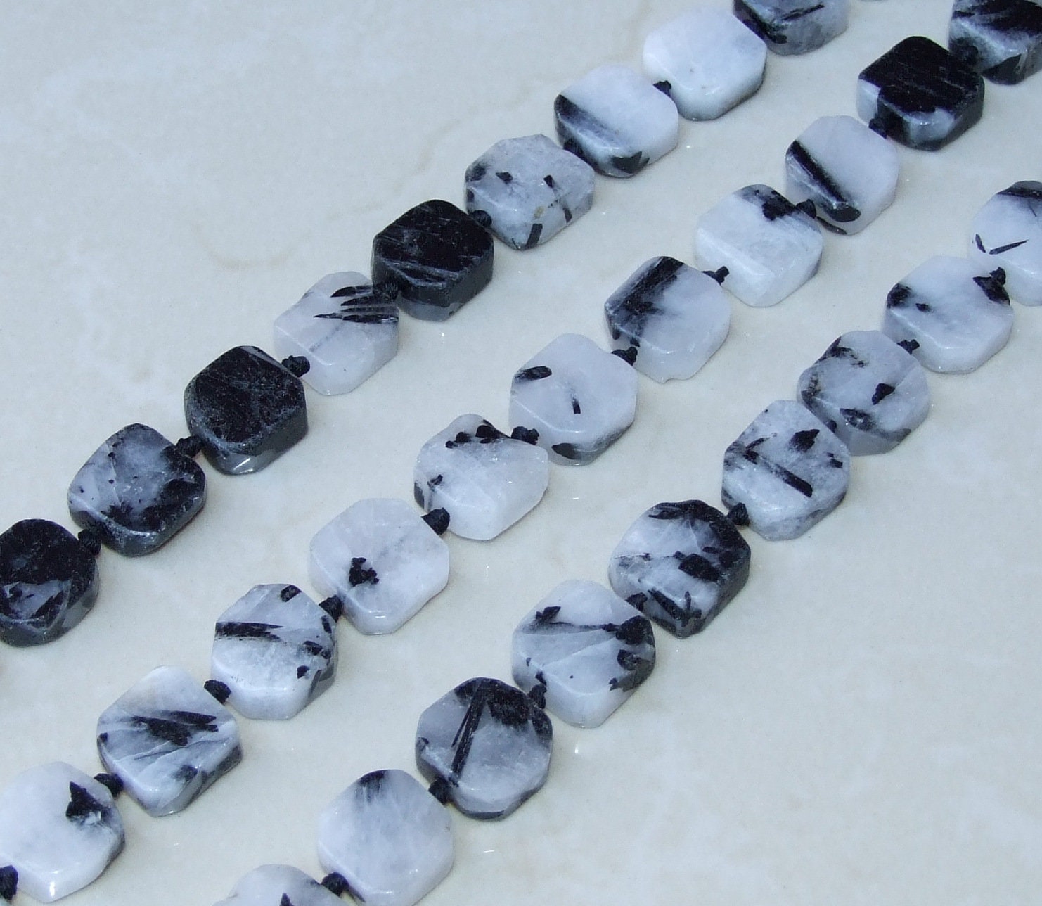 Black Tourmaline and Quartz Slabs, Irregular Square Polished Quartz, Gemstone Beads, Quartz Beads, Rutilated, Half Strand, 17mm x 17mm - EDGBeadsandGems