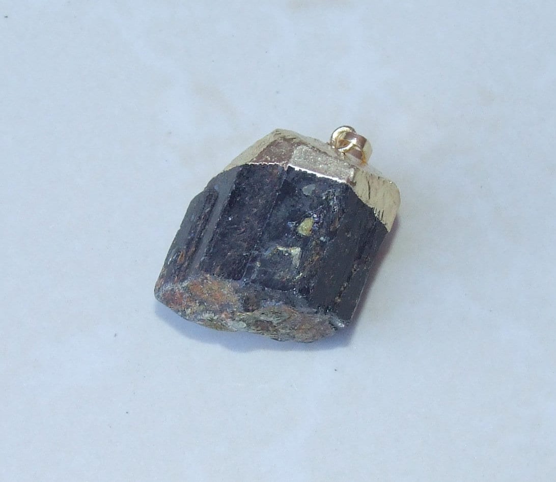 Black Tourmaline Pendant - Gemstone Pendant - Gold Cap and Bail - Raw - Rough - Natural Stone - Jewelry Stones - 26mm x 31mm - 4919 - EDGBeadsandGems