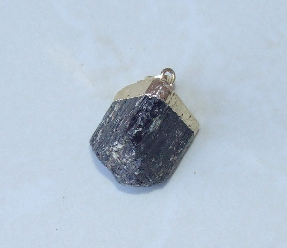 Black Tourmaline Pendant - Gemstone Pendant - Gold Cap and Bail - Raw - Rough - Natural Stone - Jewelry Stones - 19mm x 25mm - 4923 - EDGBeadsandGems