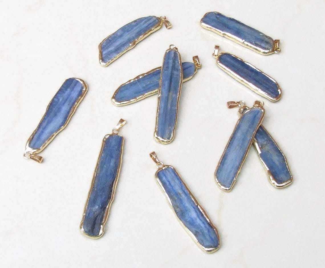 Large Blue Kyanite Pendant, Gemstone Pendant, Gold Edge, Raw Natural Kyanite, Kyanite Slice Pendant, Kyanite Beads, 15-20mm x 60-70mm - EDGBeadsandGems