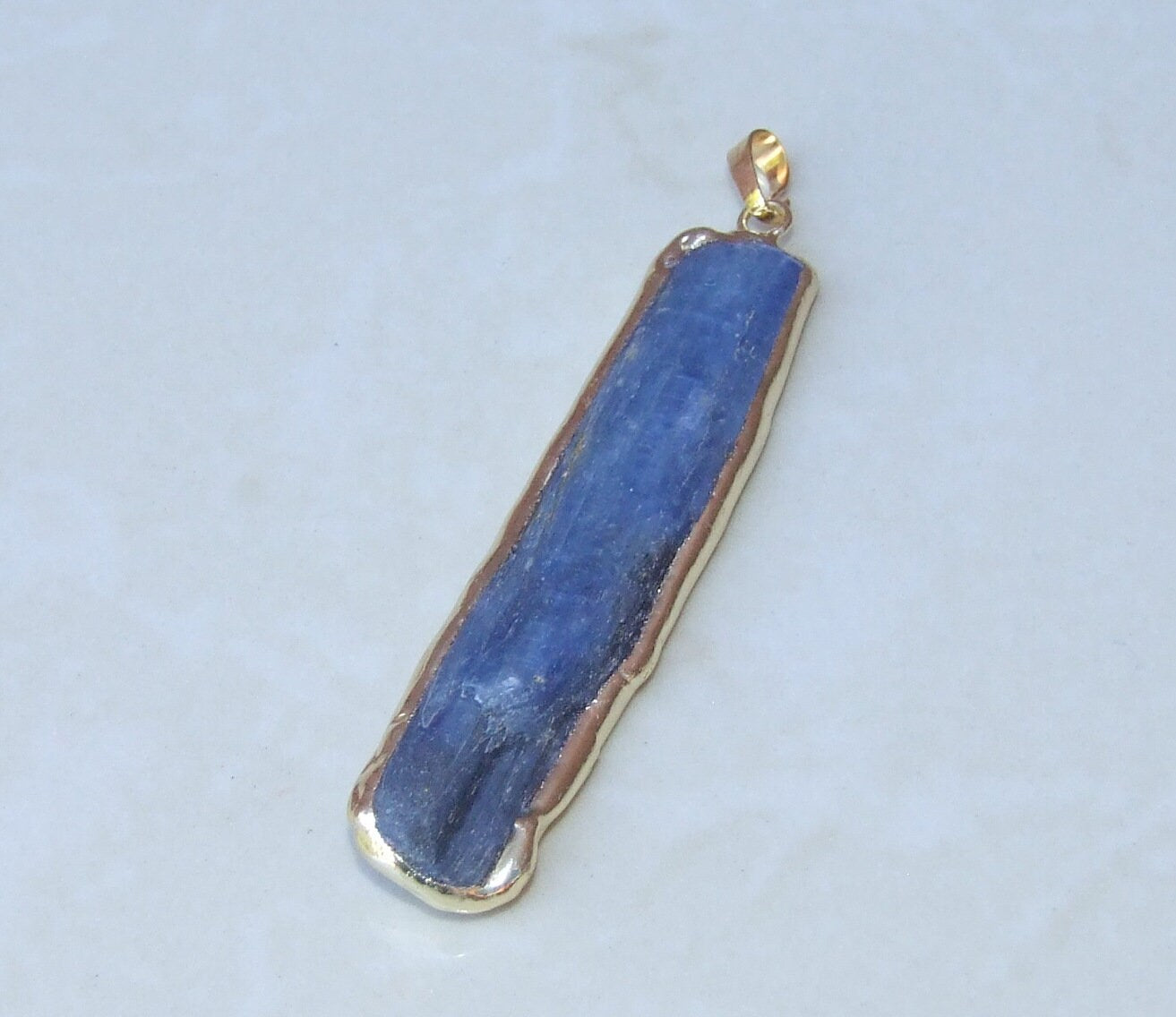 Large Blue Kyanite Pendant, Gemstone Pendant, Gold Edge, Raw Natural Kyanite, Kyanite Slice Pendant, Kyanite Beads, 15-20mm x 60-70mm - EDGBeadsandGems