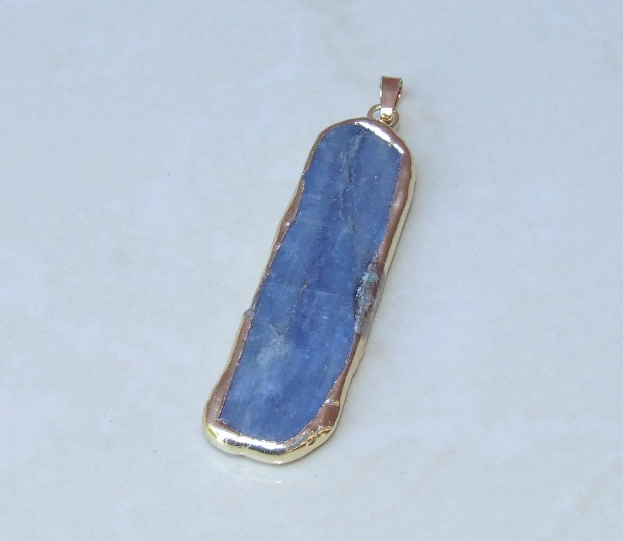 Large Blue Kyanite Pendant, Gemstone Pendant, Gold Edge, Raw Natural Kyanite, Kyanite Slice Pendant, Kyanite Beads, 15-20mm x 60-70mm - EDGBeadsandGems