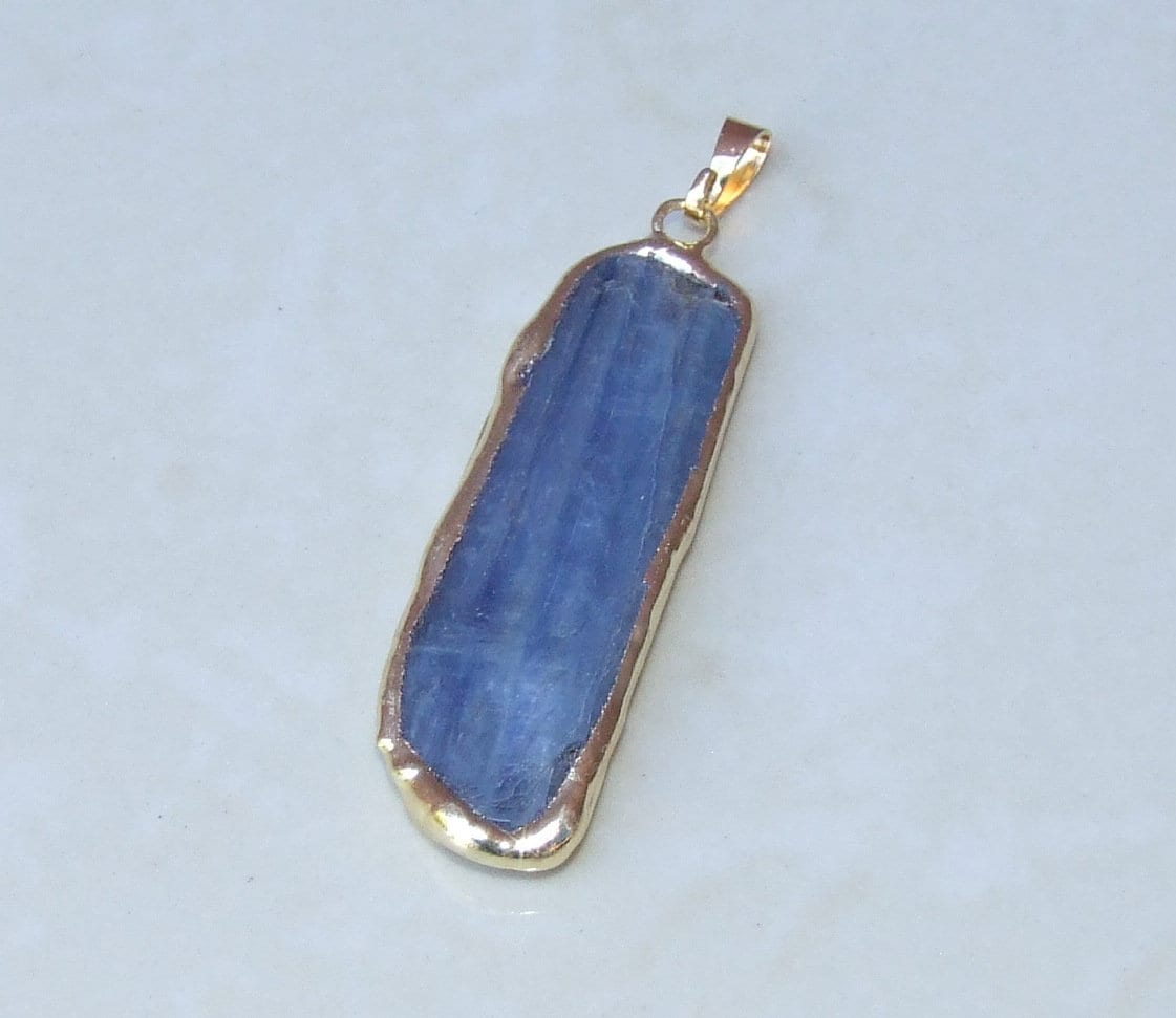 Large Blue Kyanite Pendant, Gemstone Pendant, Gold Edge, Raw Natural Kyanite, Kyanite Slice Pendant, Kyanite Beads, 15-20mm x 60-70mm - EDGBeadsandGems