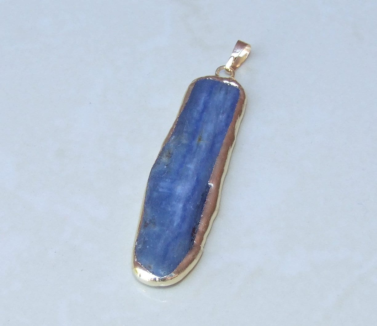 Large Blue Kyanite Pendant, Gemstone Pendant, Gold Edge, Raw Natural Kyanite, Kyanite Slice Pendant, Kyanite Beads, 15-20mm x 60-70mm - EDGBeadsandGems