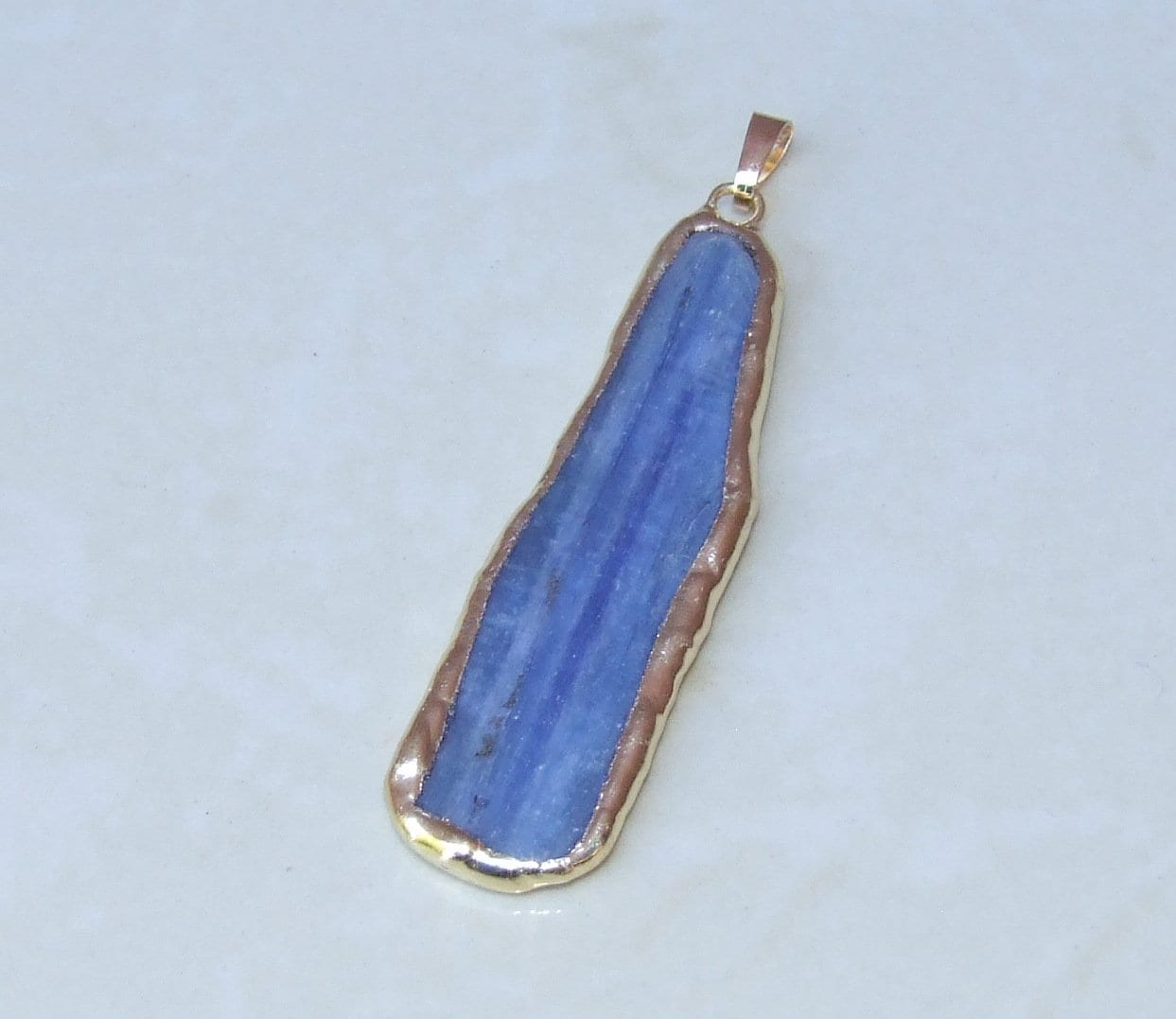 Large Blue Kyanite Pendant, Gemstone Pendant, Gold Edge, Raw Natural Kyanite, Kyanite Slice Pendant, Kyanite Beads, 15-20mm x 60-70mm - EDGBeadsandGems