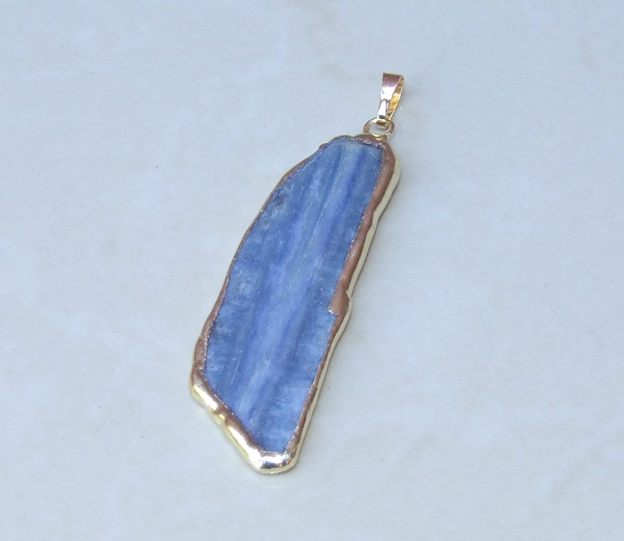 Large Blue Kyanite Pendant, Gemstone Pendant, Gold Edge, Raw Natural Kyanite, Kyanite Slice Pendant, Kyanite Beads, 15-20mm x 60-70mm - EDGBeadsandGems