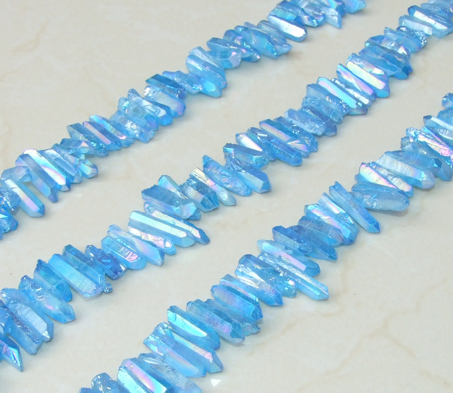 Blue Angel Aura Titanium Quartz Point, Titanium Quartz Points Strand, Raw Quartz Points Drilled, Quartz Crystals Points Bead Strand, 15-30mm - EDGBeadsandGems