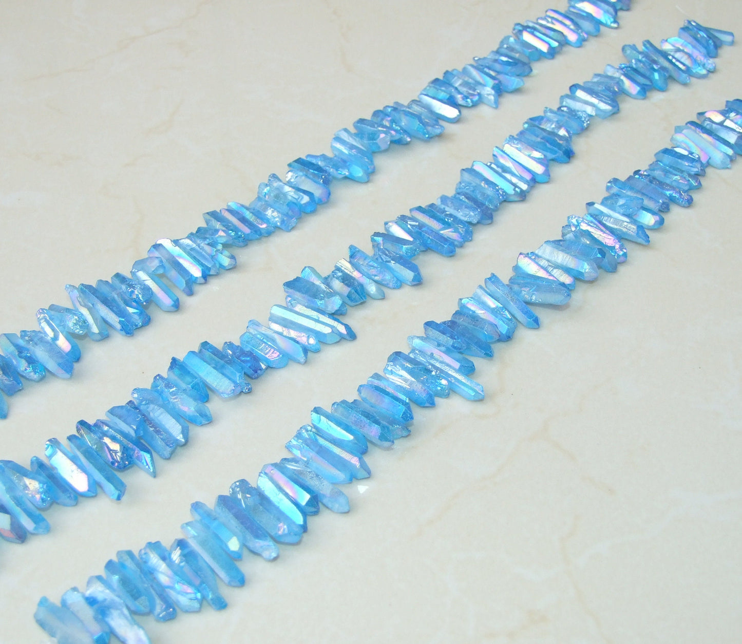 Blue Angel Aura Titanium Quartz Point, Titanium Quartz Points Strand, Raw Quartz Points Drilled, Quartz Crystals Points Bead Strand, 15-30mm - EDGBeadsandGems