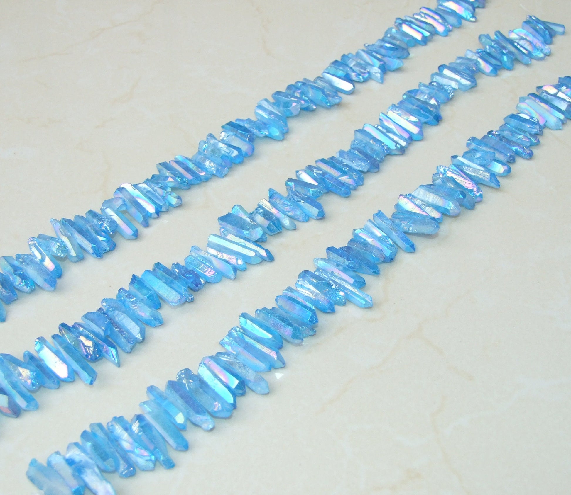 Blue Angel Aura Titanium Quartz Point, Titanium Quartz Points Strand, Raw Quartz Points Drilled, Quartz Crystals Points Bead Strand, 15-30mm - EDGBeadsandGems