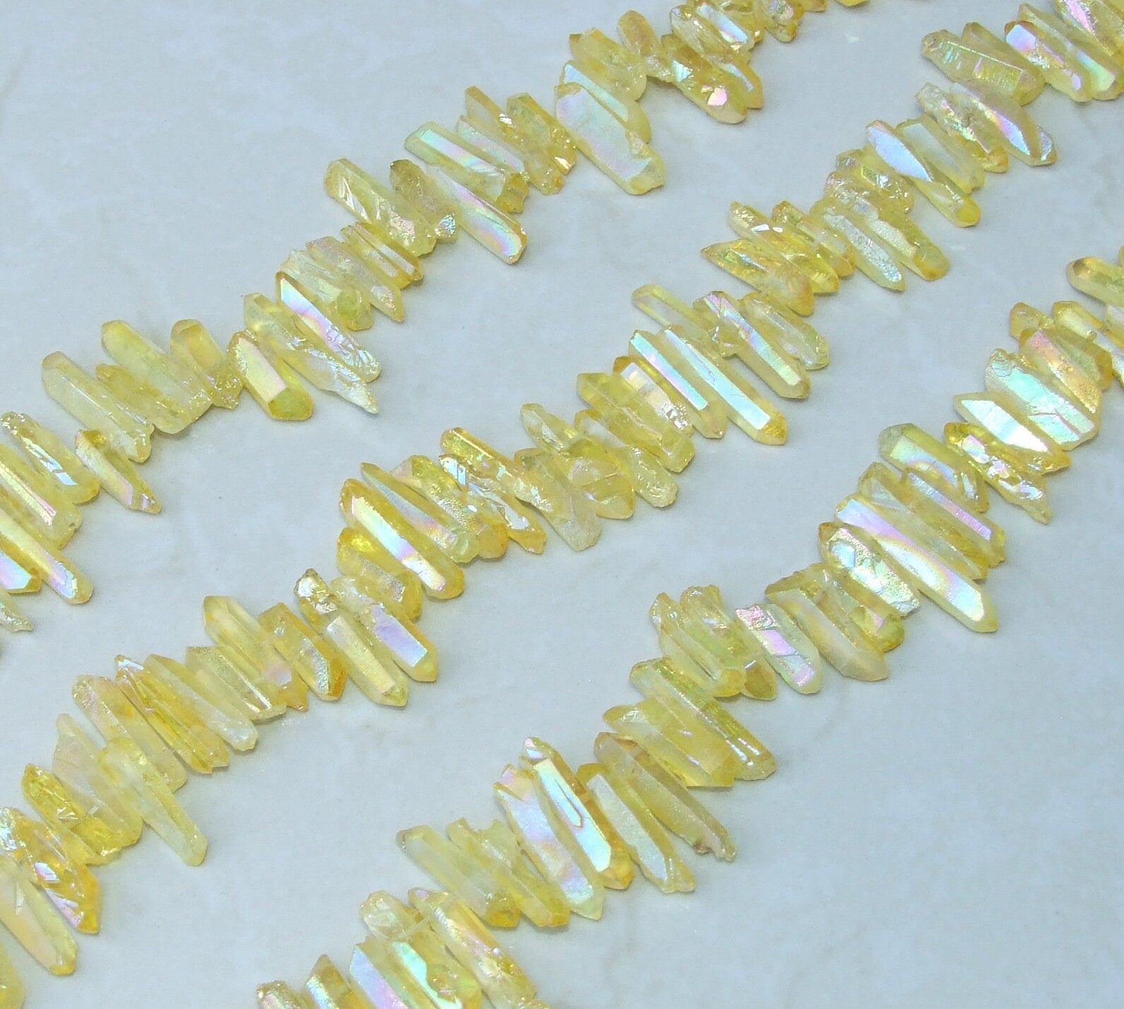 Yellow AB Titanium Quartz Cluster Point, Titanium Quartz Points Strand, Raw Quartz Points, Random Length, AB Quartz Points Strand, 15-30mm - EDGBeadsandGems
