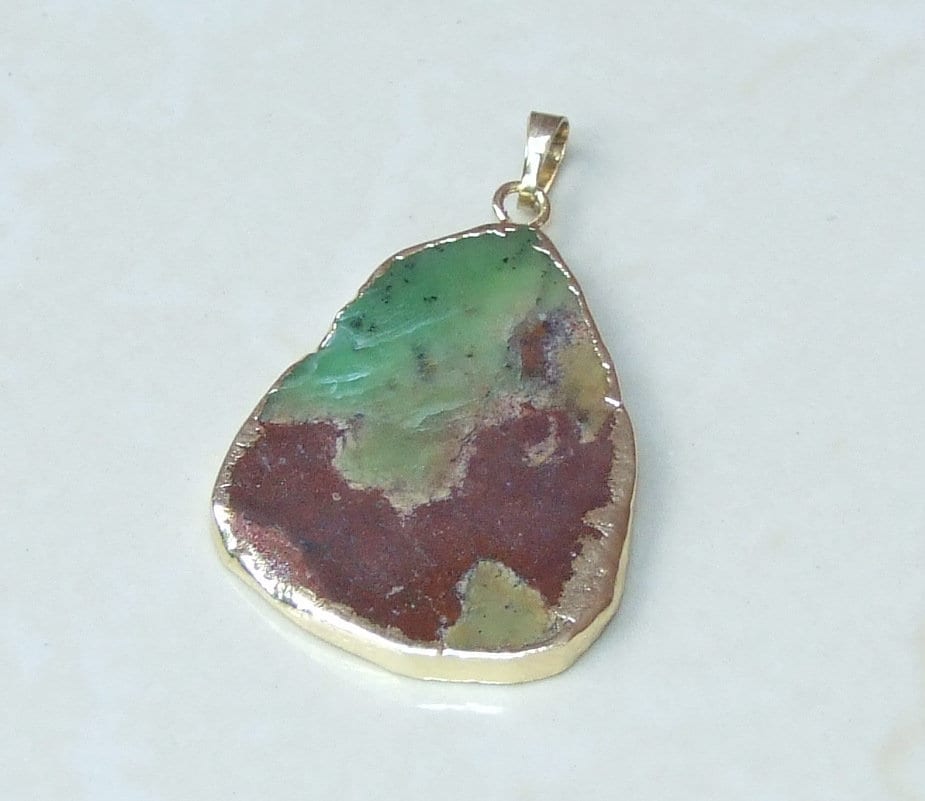 Chrysoprase Pendant - Green Brown Chrysoprase Freeform Slab Nugget - 32mm x 43mm - 6428 - EDGBeadsandGems