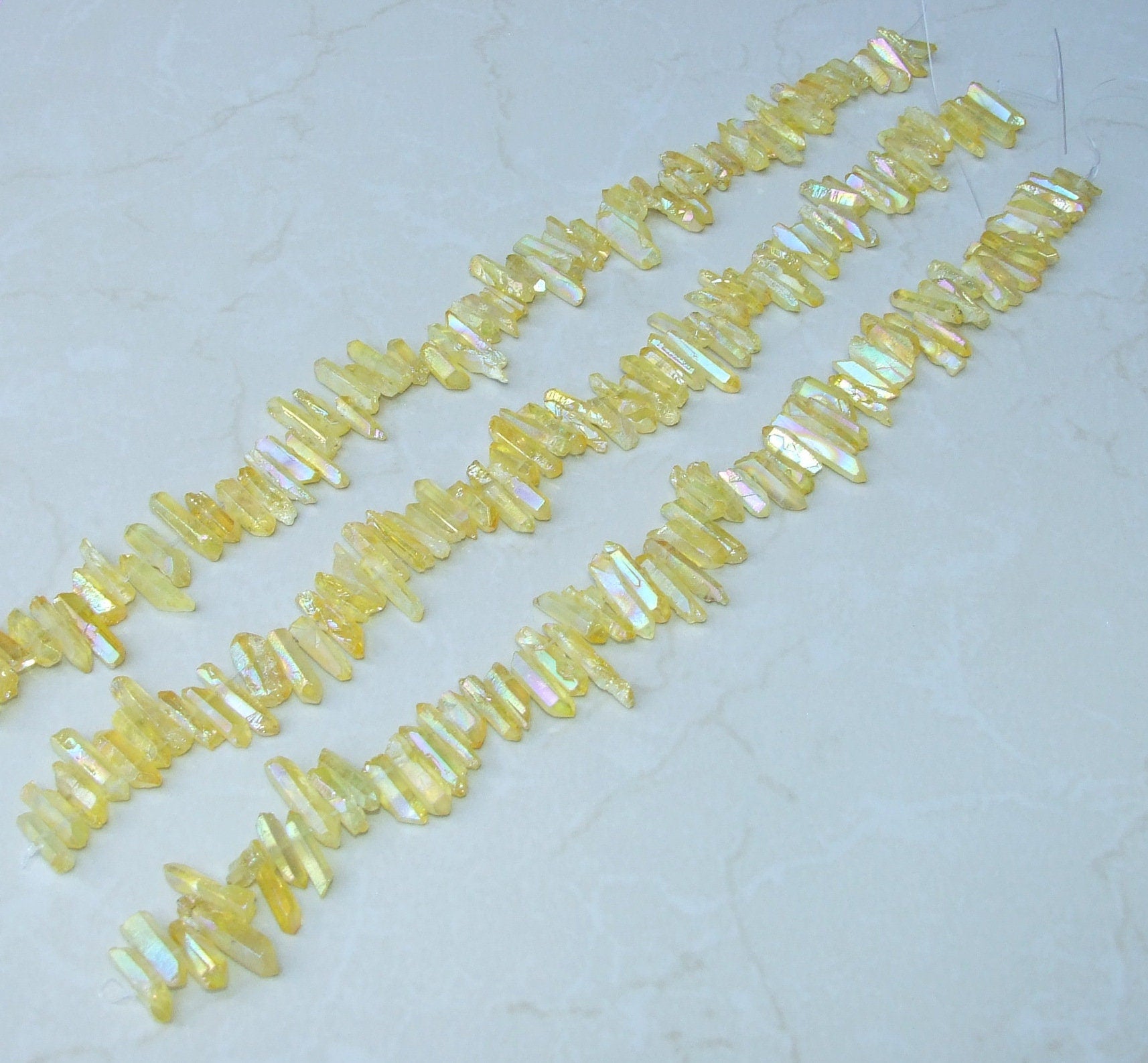 Yellow AB Titanium Quartz Cluster Point, Titanium Quartz Points Strand, Raw Quartz Points, Random Length, AB Quartz Points Strand, 15-30mm - EDGBeadsandGems