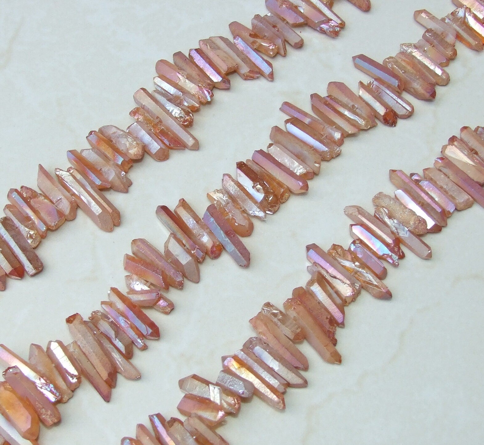Peach Orange AB Titanium Quartz Cluster Point, Titanium Quartz Points Strand, Raw Quartz Points, Random Length, AB Quartz Points, 15-30mm - EDGBeadsandGems