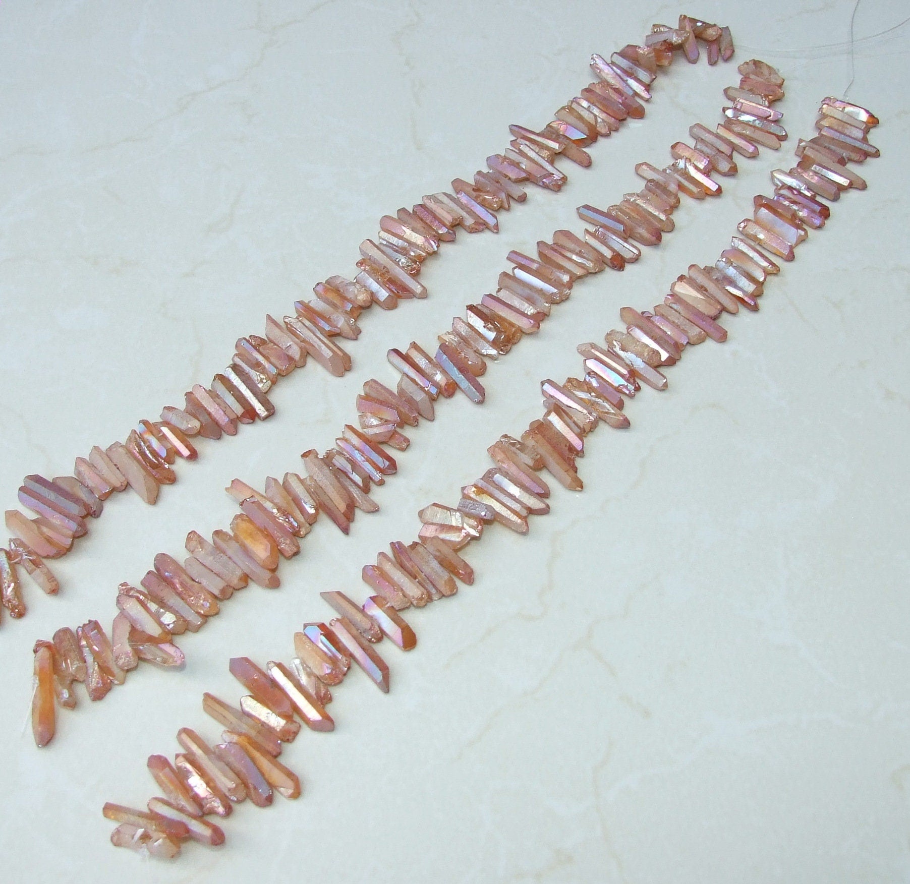 Peach Orange AB Titanium Quartz Cluster Point, Titanium Quartz Points Strand, Raw Quartz Points, Random Length, AB Quartz Points, 15-30mm - EDGBeadsandGems