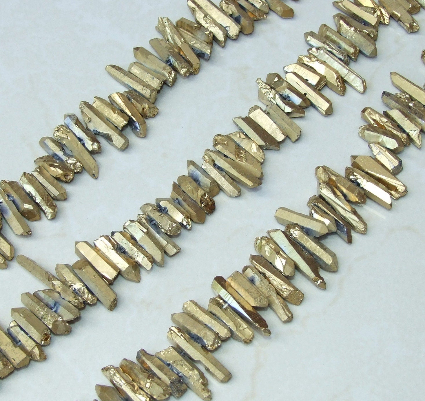 Gold Titanium Quartz Cluster Point, Titanium Quartz Points Strand, Raw Quartz Points, Random Length, Gemstone Bead Strand, 15-30mm - EDGBeadsandGems