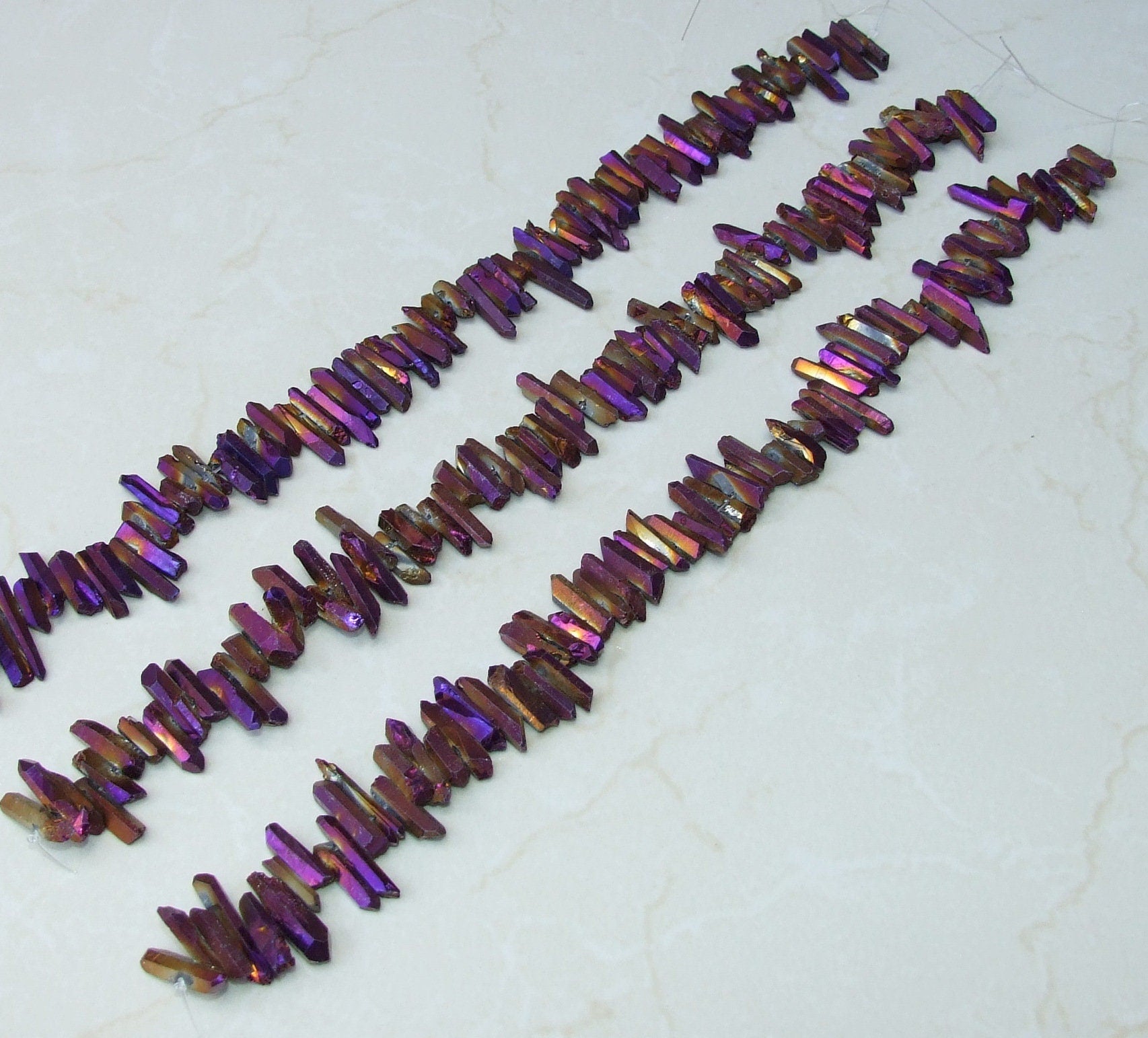 Purple Gold Titanium Quartz Cluster Point, Titanium Quartz Points Strand, Raw Quartz Points, Random Length, Gemstone Bead Strand, 15-30mm - EDGBeadsandGems