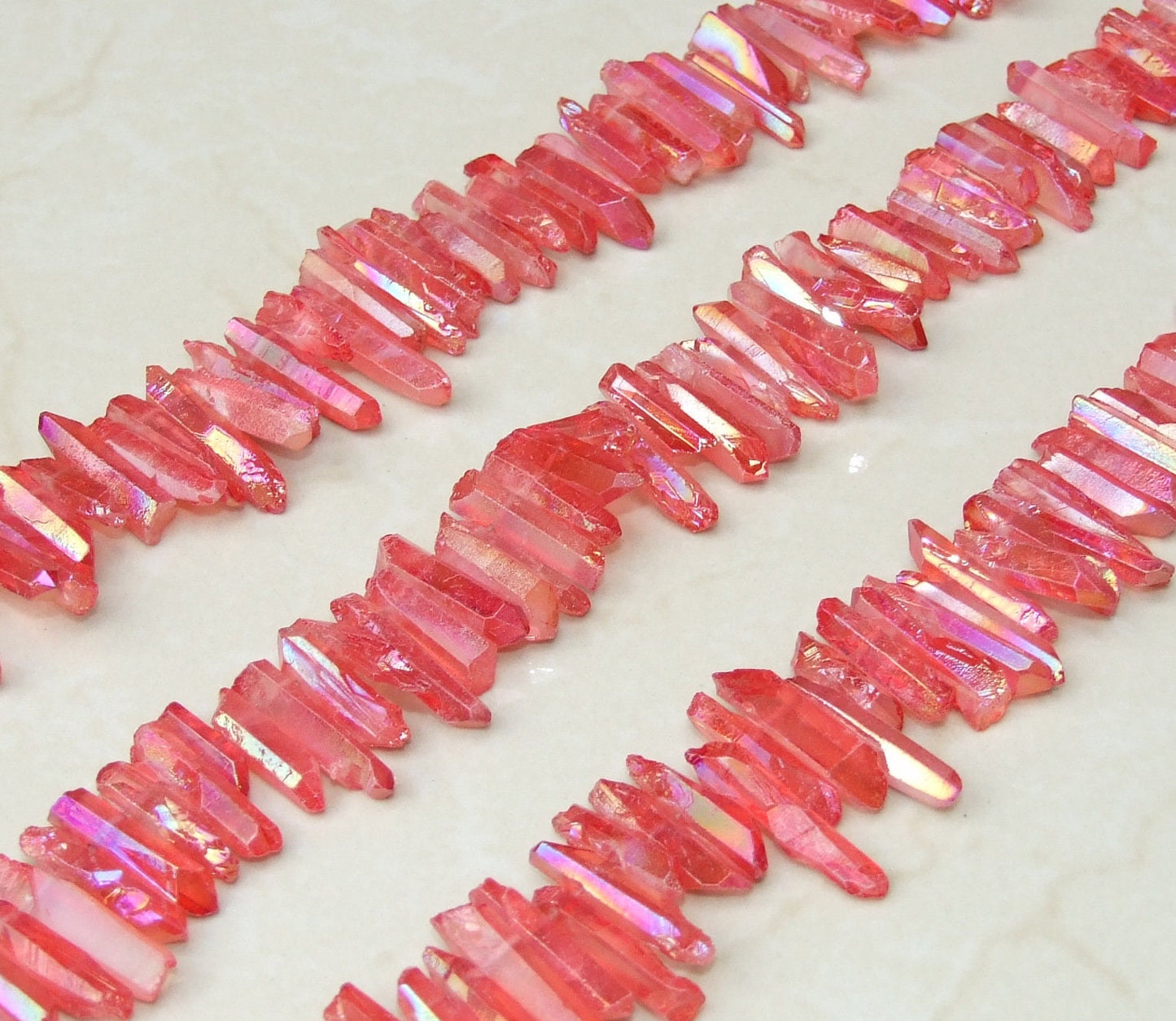 Bright Red Titanium AB Quartz Points, Titanium Quartz Points Strand, Raw Quartz Points Drilled, Quartz Crystals Points Strand Beads, 20-30mm - EDGBeadsandGems