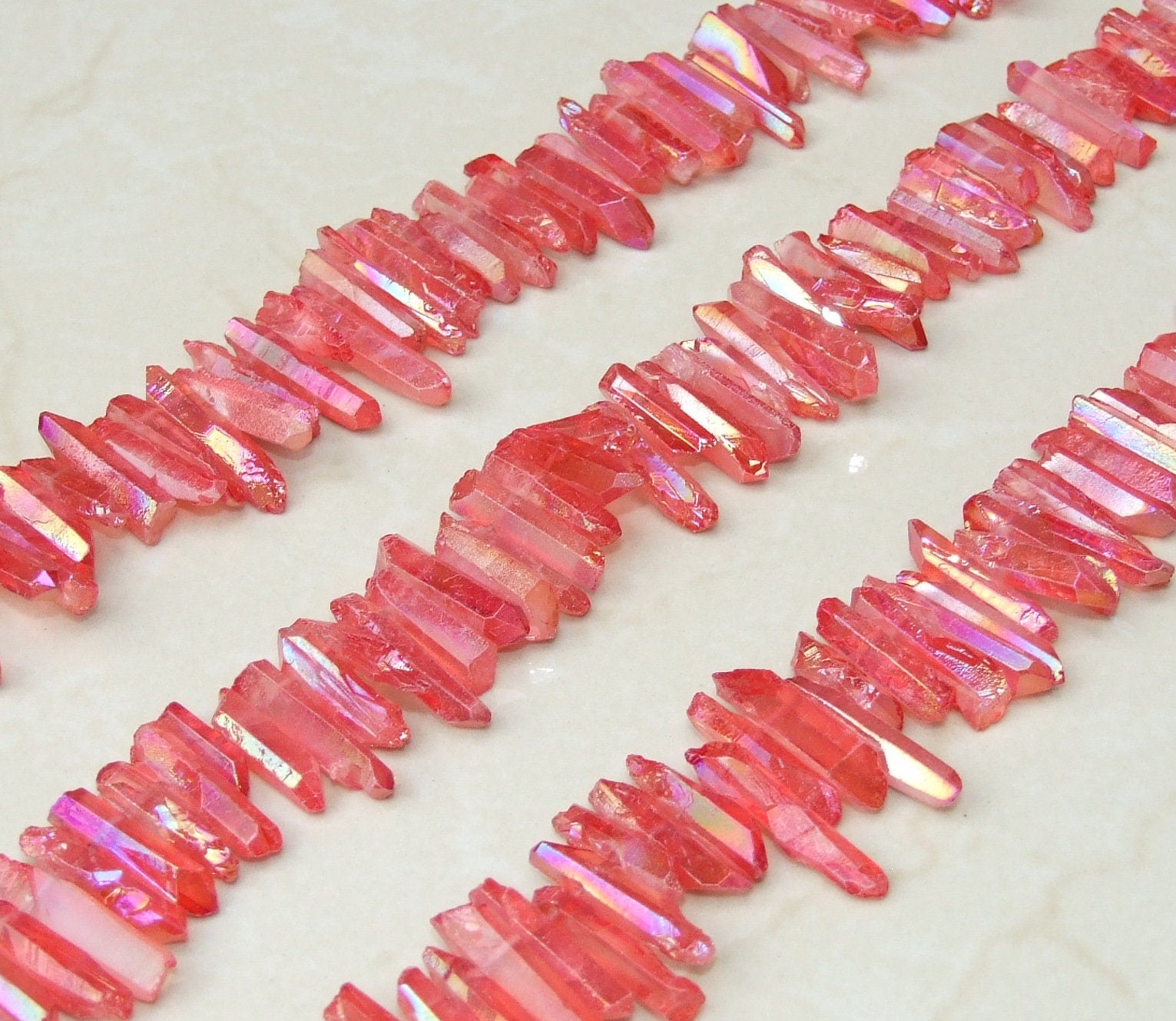 Bright Red Titanium AB Quartz Points, Titanium Quartz Points Strand, Raw Quartz Points Drilled, Quartz Crystals Points Strand Beads, 20-30mm - EDGBeadsandGems
