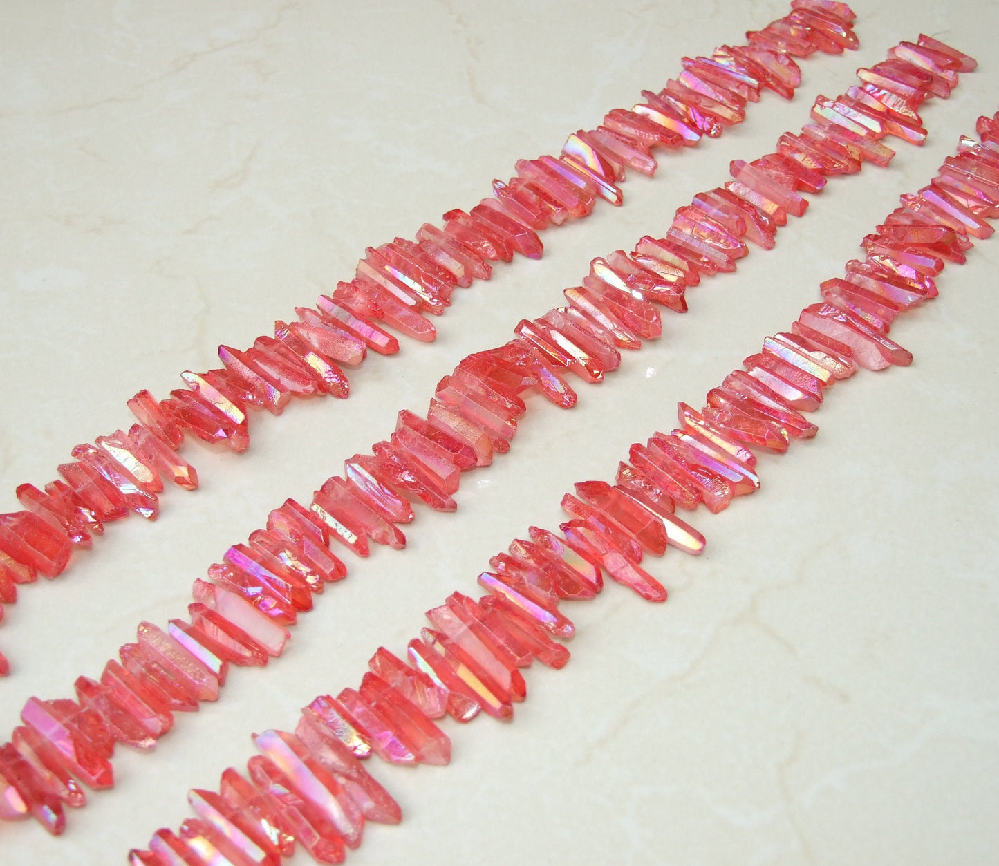 Bright Red Titanium AB Quartz Points, Titanium Quartz Points Strand, Raw Quartz Points Drilled, Quartz Crystals Points Strand Beads, 20-30mm - EDGBeadsandGems