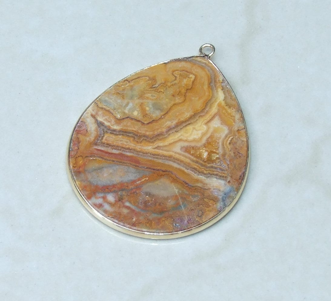 Crazy Lace Agate Pendant, Gemstone Pendant, Mexican Agate, Thin Agate Slice, Polished Agate, Teardrop, Gold Bezel, 30mm x 40mm - EDGBeadsandGems