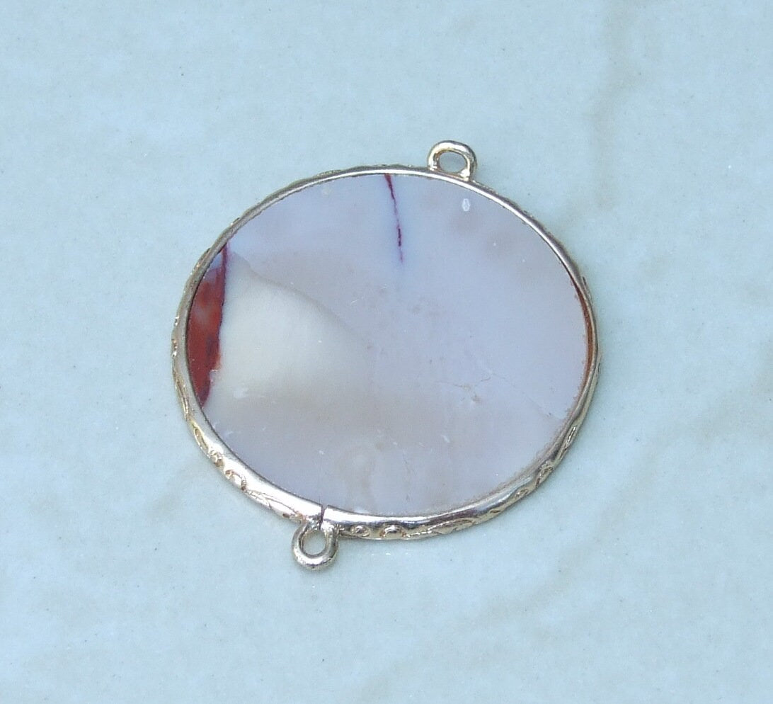 Mookaite Connector, Gemstone Pendant, Mookaite Slice, Thin Polished Mookaite, Round, Gemstone Beads, Gold Bezel & Bail - 32mm - 6620 - EDGBeadsandGems