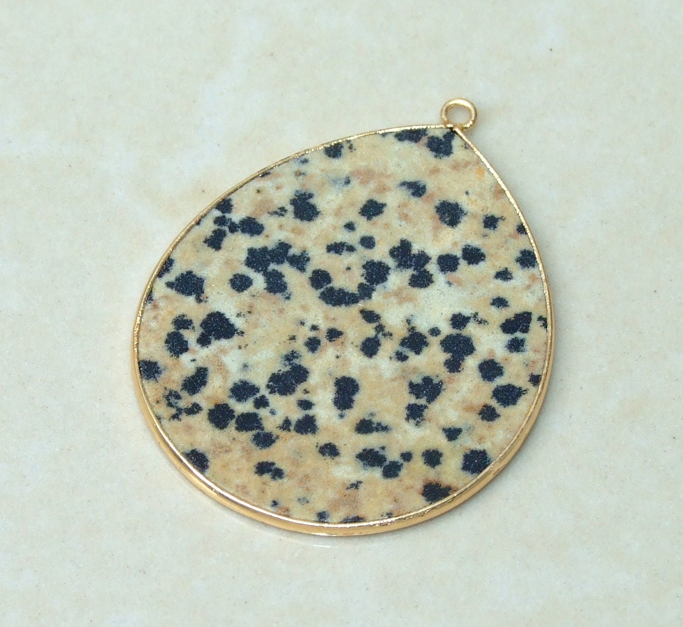 Dalmatian Jasper Pendant, Gemstone Pendant, Slice Pendant, Gold Plated Bezel and Bail, Teardrop Pendant, Thin and Polished - 32mm x 38mm - EDGBeadsandGems