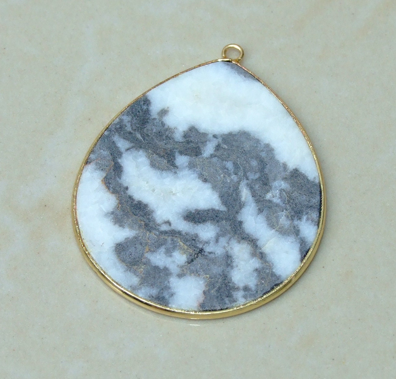 Zebra Jasper Pendant, Gemstone Pendant, Slice Pendant, Gold Plated Bezel and Bail, Teardrop Pendant, Thin, Polished - 32mm x 38mm - EDGBeadsandGems